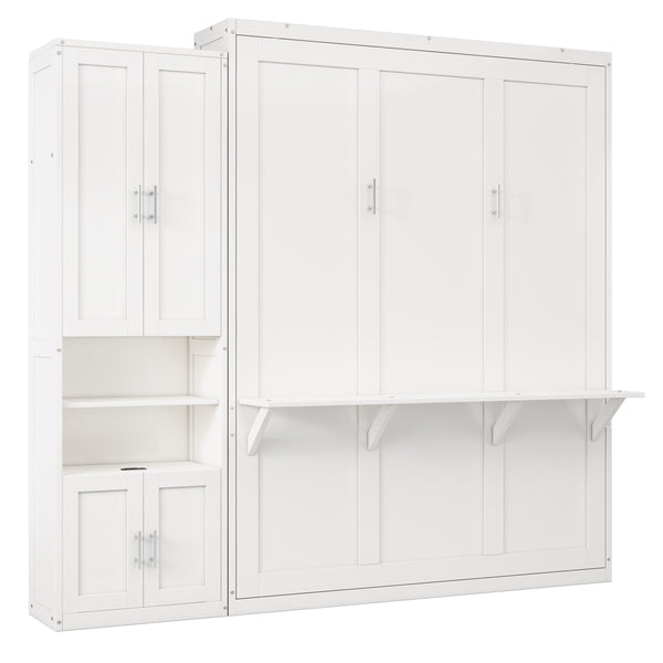 English Elm Full Murphy Bed with Side Cabinet, Desk Combo, USB Charging, Adjustable Shelves, 600lb Capacity, White BS7012008109C