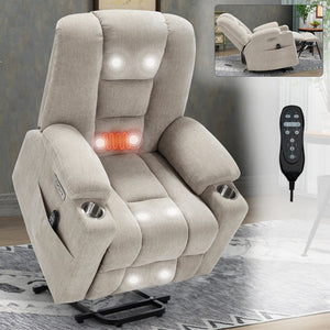 English Elm Emon's Overstuffed Chenille Power Lift Recliner with Massage Heat and Charging Ports Beige W1803S00069