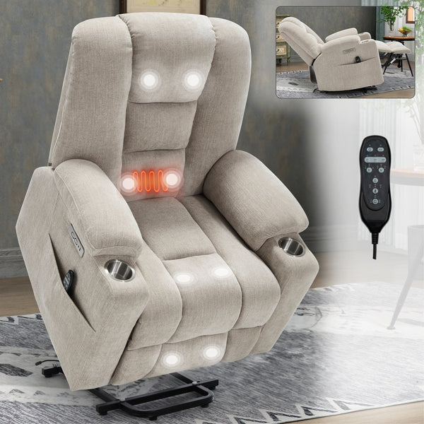 English Elm Emon's Overstuffed Chenille Power Lift Recliner with Massage Heat and Charging Ports Beige W1803S00069