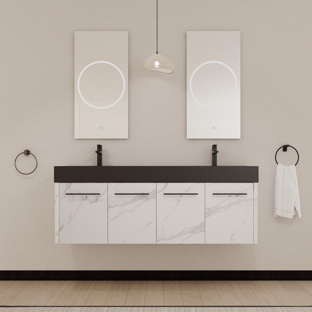 English Elm 60 Inch Wall-Mounted Bathroom Vanity With Double Black Resin Sink – Modern, Durable & Stylish Design W999S00255