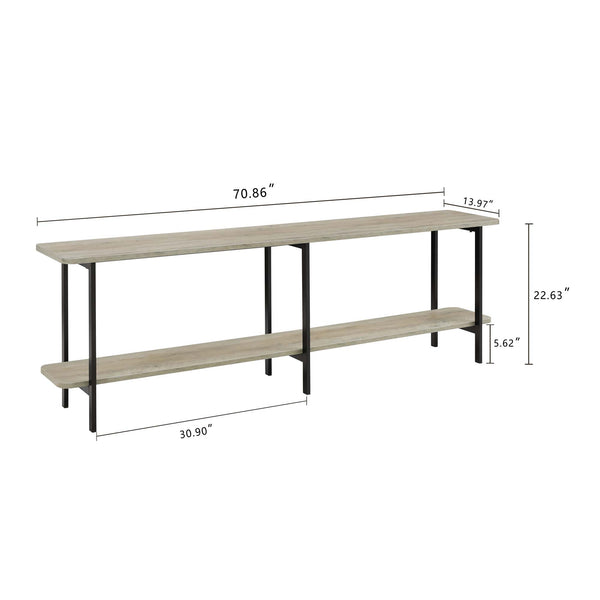English Elm Celine 71" Console Table with Two Open Shelves, Durable Veneer Top & Black Steel Legs for Display Grey B365P397677