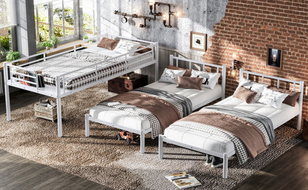 English Elm Twin Triple Bunk Bed Metal L-shaped Frame Sleeps Three Kids White Finish White W1580S00616