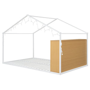 English Elm Full House Bed Frame with Shelves & LED Lights — Metal + Wood Full-Size Playhouse Bed for Kids Room Decor White N737P176706K