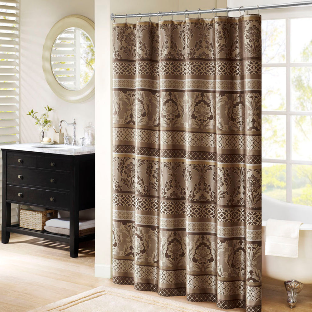 JLA Home Madison Park - Jacquard Chocolate Brown Shower Curtain 72x72 — Durable Polyester Jacquard with Leaf, Stripe & Ironwork MP70-3035