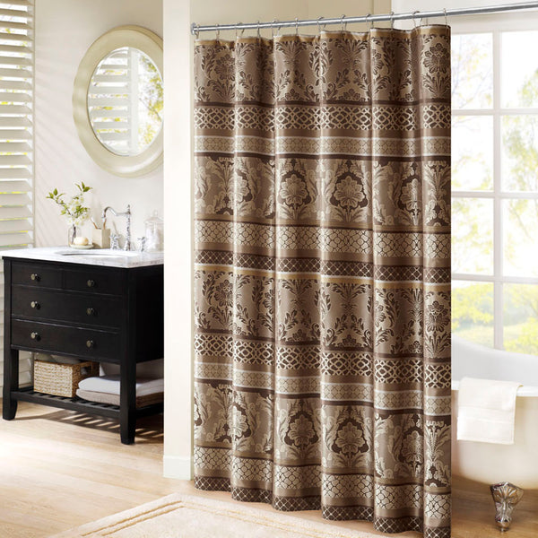 JLA Home Madison Park - Jacquard Chocolate Brown Shower Curtain 72x72 — Durable Polyester Jacquard with Leaf, Stripe & Ironwork MP70-3035