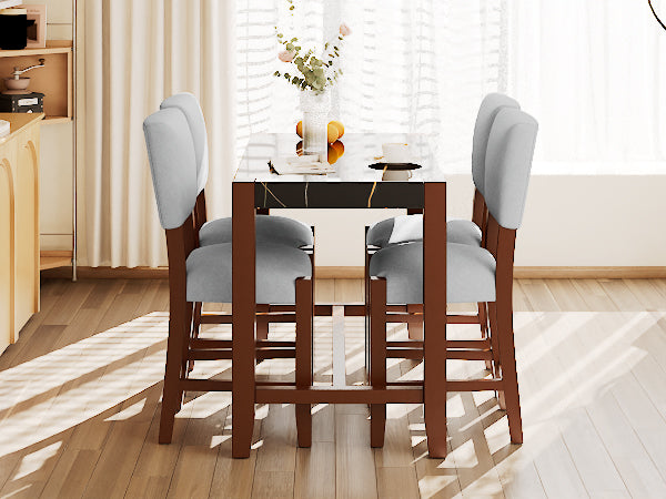 English Elm 5-Piece Counter Height Dining Set with Faux Marble Top and Upholstered Seats, Mid-Century Pub Charm Black+ Gray N752S000086B