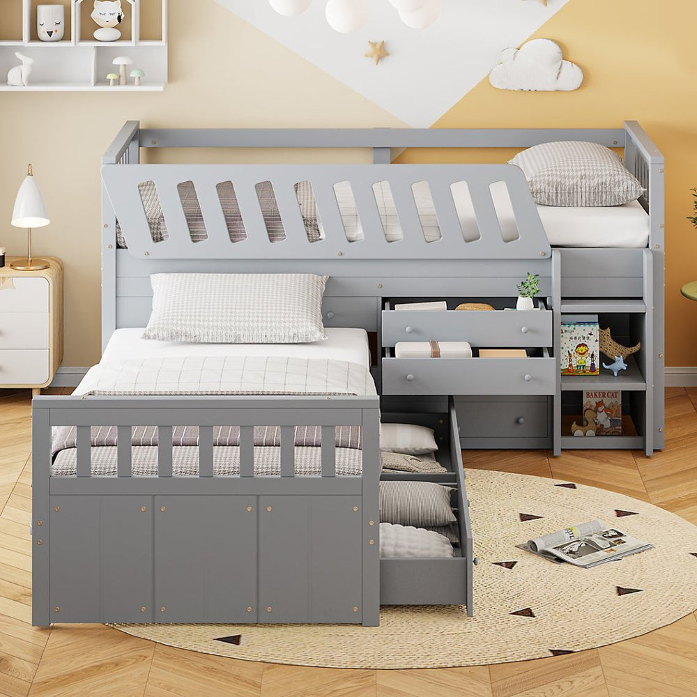 English Elm L-shaped Twin Loft Platform Bed with 7 Drawers Full Guardrails Kids White Pine LT000853AAE