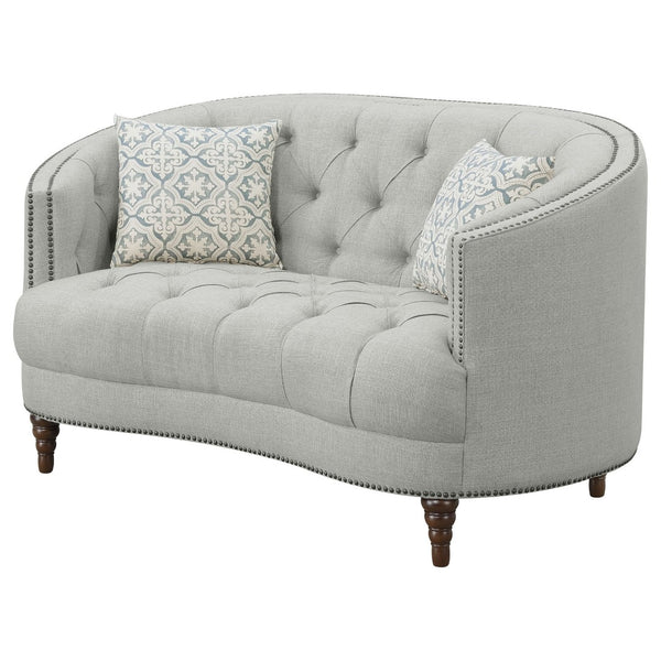 English Elm Veronica Tufted Linen Loveseat with Nailhead Trim and Curved Back for Parlor Style B062P357780