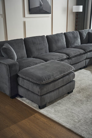 English Elm Modern U Shaped 6-Seat Sectional Sofa with Ottoman and 3 Toss Pillows, Corduroy Modular Comfort and Durable Frame Grey W2363S00041