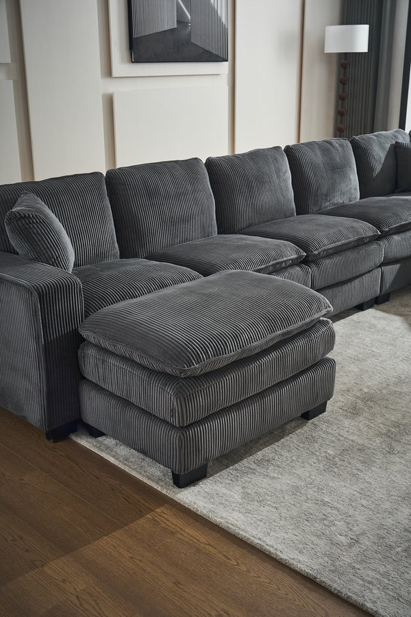 English Elm Modern U Shaped 6-Seat Sectional Sofa with Ottoman and 3 Toss Pillows, Corduroy Modular Comfort and Durable Frame Grey W2363S00041