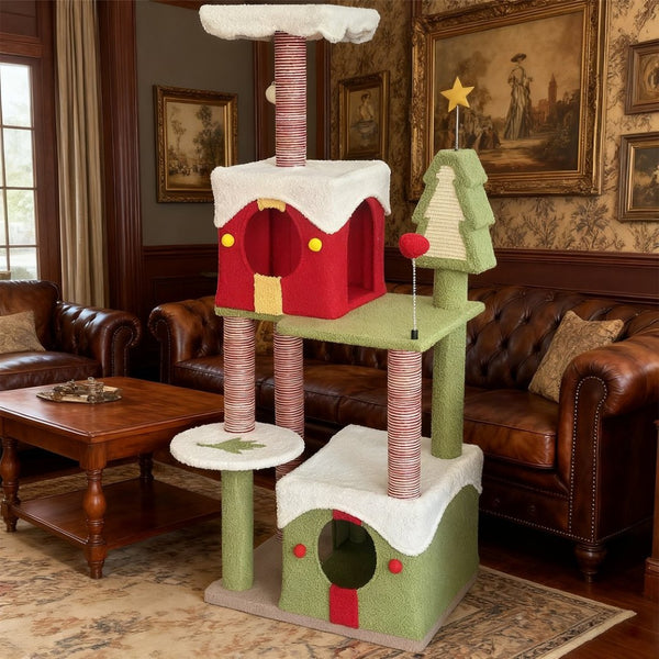 English Elm Cy14 Christmas Tree Cat Tower Plush Multi-level Condo Climbing Scratching Post W243P382850