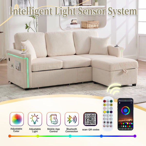 English Elm UNITED Corduroy L-Shaped Sectional Sofa with Storage Ottoman, USB Ports, Cup Holders & LED Lighting Beige W1568P332400