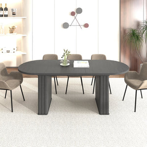 English Elm Kitchen extendable dining table with travertine-inspired melamine top, rounded edges, sturdy wooden base for family gatherings Black W1347S00016