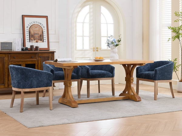 English Elm Mid Century Barrel Accent Chair Chenille Upholstery Rubberwood Legs Dining Room Blue W1143P449337