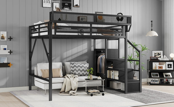 English Elm Full Size Metal Loft Bed with Stair Storage and Built-in Wardrobe for Kids W2580S00058