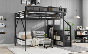 English Elm Queen Metal Loft Bed with Stair Storage Wardrobe and Under-bed Space for Teens W2580S00059