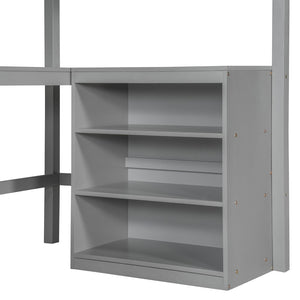English Elm Twin Loft Bed with Built-in Desk and Open Shelves Solid Pine Kids Study Sleep Gray LT001537AAE-1