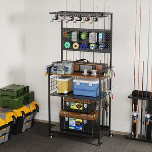 English Elm Fishing Rod Rack Rolling Organizer with Pegboard Multi-tier Metal Stand Lockable Wheels W3190P404246