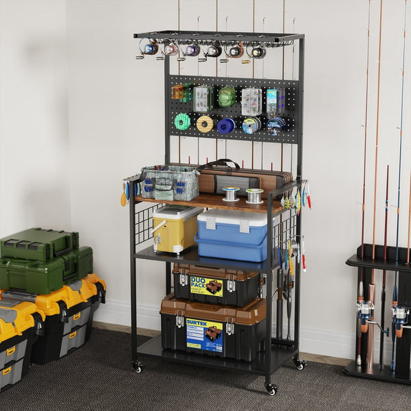 English Elm Fishing Rod Rack Rolling Organizer with Pegboard Multi-tier Metal Stand Lockable Wheels W3190P404246