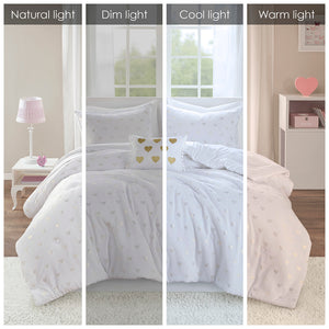 JLA Home Mi Zone - Metallic Plush Comforter Set with Shimmering Heart Print, Hypoallergenic Fill, OEKO-TEX Certified Washable White/Gold MZ10-0650