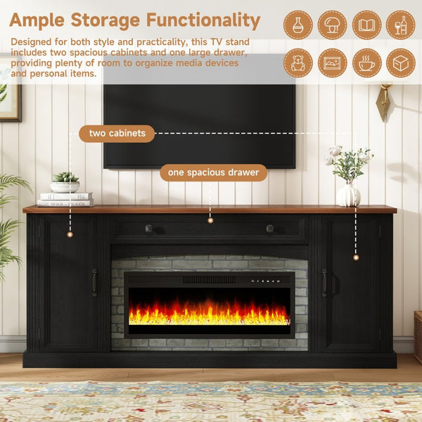 English Elm On-trend Farmhouse Electric Fireplace Console Walnut Veneer Media Cabinet for Living Room Black N721S000069B
