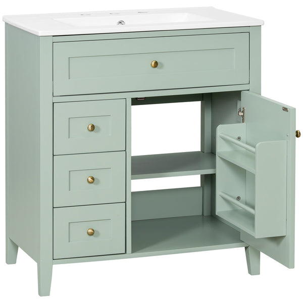 English Elm 30-Inch Contemporary Bathroom Vanity with Sink, MDF & Rubberwood, Glossy Finish, 3 Drawers + Cabinet Green N725P350819F