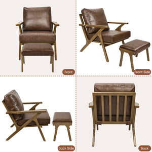 English Elm Mid-Century PU Leather Accent Chair with Ottoman — Ergonomic Thick Upholstery, Flared Legs, Durable Comfort Brown T3950P397488