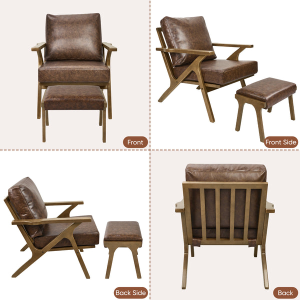 English Elm Mid-Century PU Leather Accent Chair with Ottoman — Ergonomic Thick Upholstery, Flared Legs, Durable Comfort Brown T3950P397488