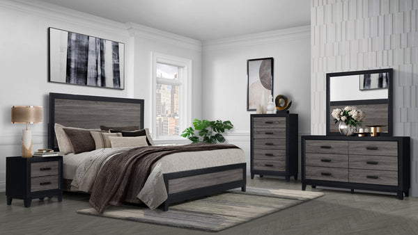 English Elm SOLUTO Modern Two-Tone Full Bed Frame with Solid Wood & MDF Construction, Rustic Gray Inlay Finish Black+ Gray 81.5 L x 37.44 W x 6.3 H B201P215850