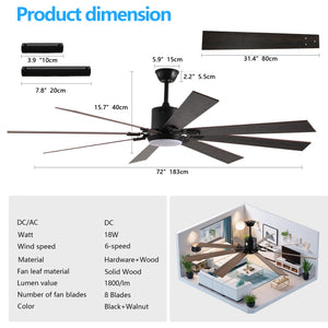 English Elm 72" Walnut LED Ceiling Fan Light with 8 Wooden Blades, Remote, Dimmable Color Temp, Quiet DC Motor Elegance W1340P244569