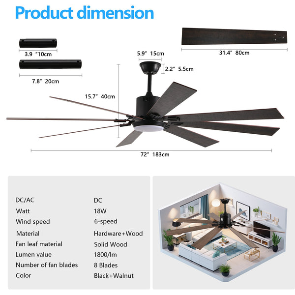 English Elm 72" Walnut LED Ceiling Fan Light with 8 Wooden Blades, Remote, Dimmable Color Temp, Quiet DC Motor Elegance W1340P244569