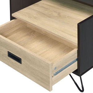 English Elm Oak Modern Oak and Black Nightstand with Drawer, Open Shelf & Metal Legs, Smooth Glide Storage B062P181411