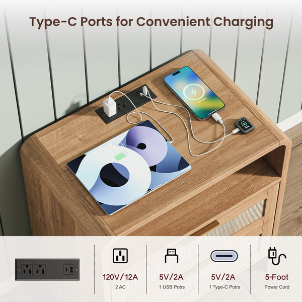 English Elm Rattan Drawer Nightstand Set with Built-in Charging Station and Open Shelf Bedroom Storage Caramel W1820P410556