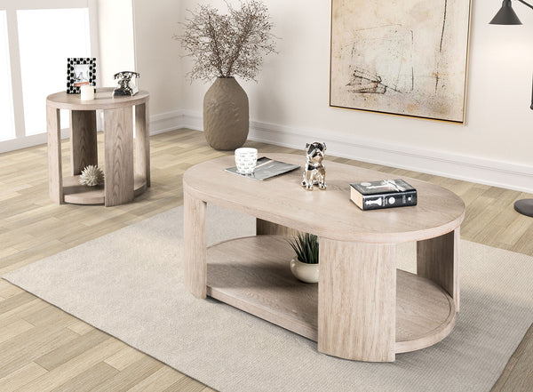 English Elm Modern Oval Coffee Table with Oak Finish, Lower Open Shelf & Optional Casters — 50"W x 28"D x 18"H, Sleek Storage Centerpiece B2741P360628