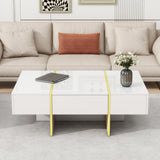 Modern White Coffee Table, 47.2''x31.4'', 2 Drawers, Golden Wood Grain Legs, Multi-Storage, Living Room Center Piece