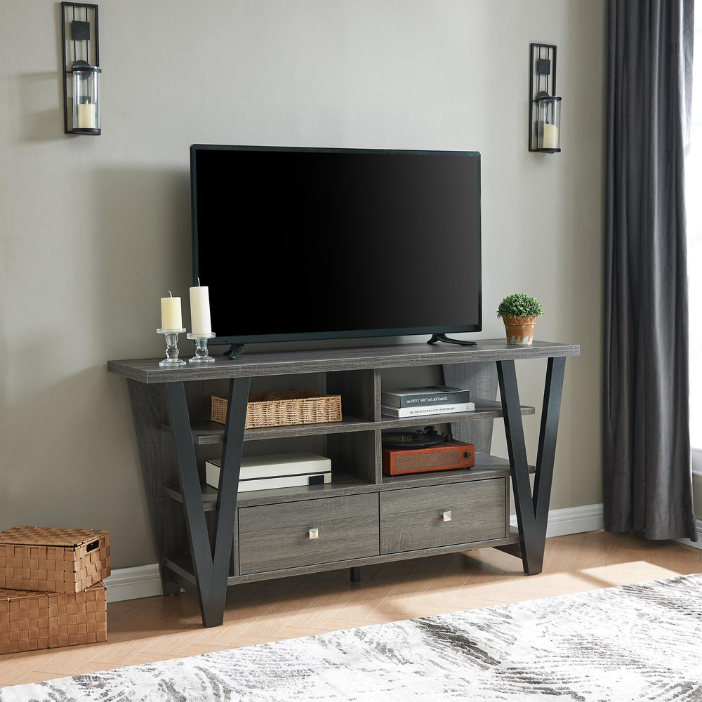 English Elm Tall TV Stand Two-Tone Grey & Black with Two Drawers, Divided Shelves, Metal Bar Handles, Stable Top B107P302101
