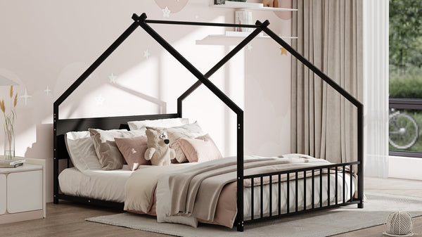 English Elm Full Size Metal House Bed with Led Lights and Slats for Kids Room Decor W1820P385330