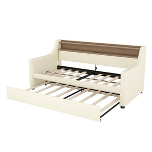 English Elm Twin Size Daybed With Trundle, Led Lighting & Charging Station For Stylish Sleepovers In White W1580S00024-GIGA