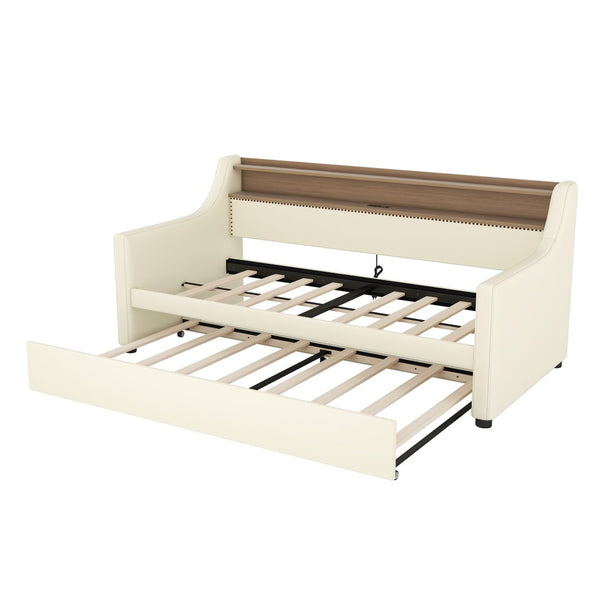 English Elm Twin Size Daybed With Trundle, Led Lighting & Charging Station For Stylish Sleepovers In White W1580S00024-GIGA