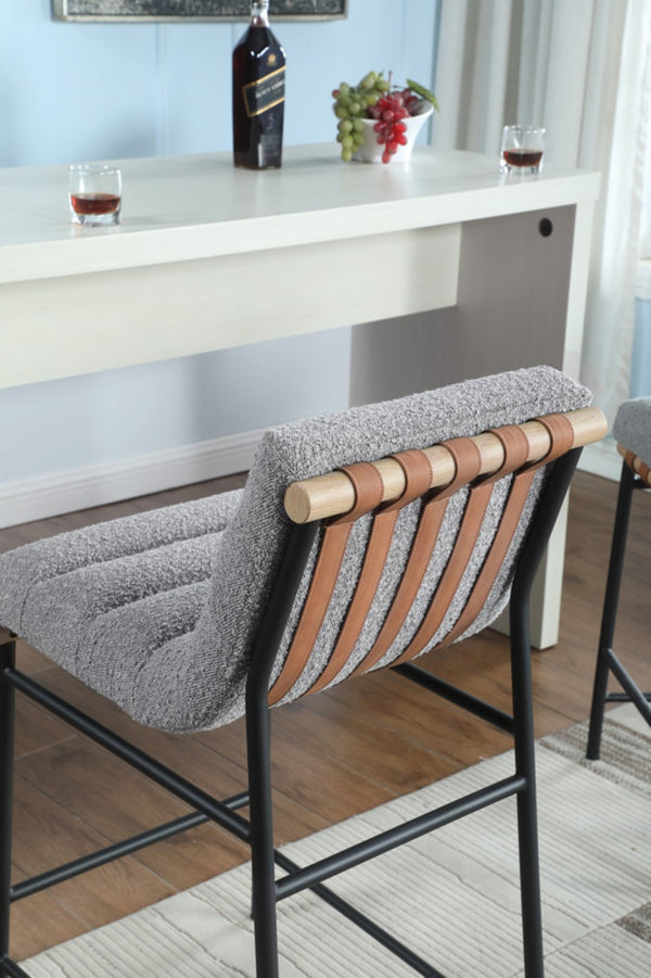 English Elm Liana Boucle Upholstered Counter Stool with Cognac Leather Accents and Iron Legs Gray B2749P413186