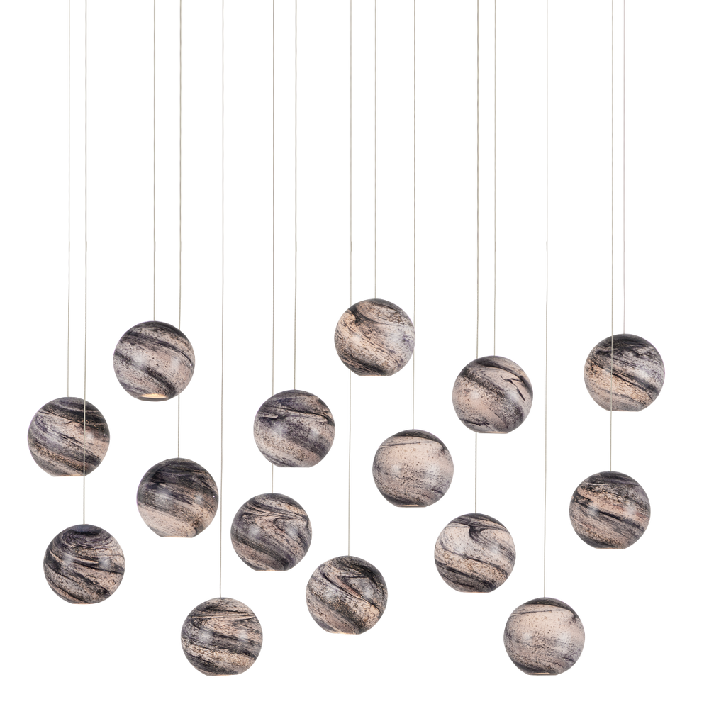 Palatino 15-Light Rectangular Pendant - Stunning Multi-Drop Design with Blue Glass Shades & Silver Finish