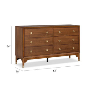 English Elm 1pc Walnut Six Drawer Dresser Gold Capped Legs Mid Century Modern Bedroom Storage B2741P446678