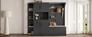 English Elm Multifunctional Modular Hall Tree Cabinet with Open Shelves and Hooks for Entryway Black W1580S00566