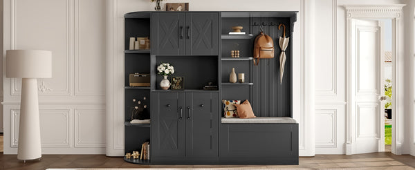 English Elm Multifunctional Modular Hall Tree Cabinet with Open Shelves and Hooks for Entryway Black W1580S00566