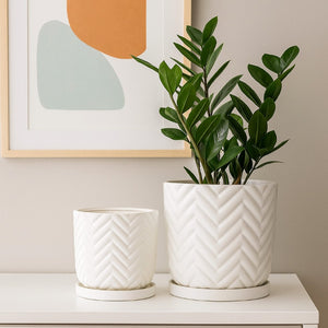 English Elm Camie White Ceramic Planter Duo with Saucers Chevron Texture Glossy Finish Indoor B056P417015