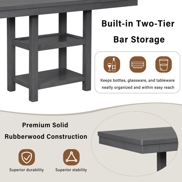 English Elm U_style Rubberwood Farmhouse Bar Table Set Expandable Crossback Chairs Bench Seating Grey WY000534AAE