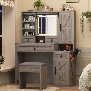 English Elm Farmhouse LED Vanity Desk with Sliding Mirror, Glass Top Storage, Built-In Charging Station & Stool Gray 37 L x 18.5 W x 13 H N733P340562G