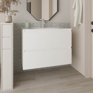 English Elm Bathroom Vanity Modern 2-Drawer White - Compact Engineered Wood Cabinet with Sleek Minimalist Storage Appeal B097P369438