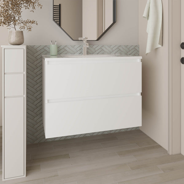 English Elm Bathroom Vanity Modern 2-Drawer White - Compact Engineered Wood Cabinet with Sleek Minimalist Storage Appeal B097P369438