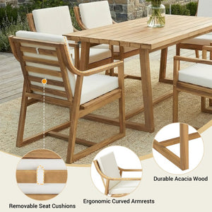 English Elm Outdoor Acacia Wood Dining Set Seats Six with Cushioned Armrest Chairs for Patio Teak+ Beige N719Z000231L
